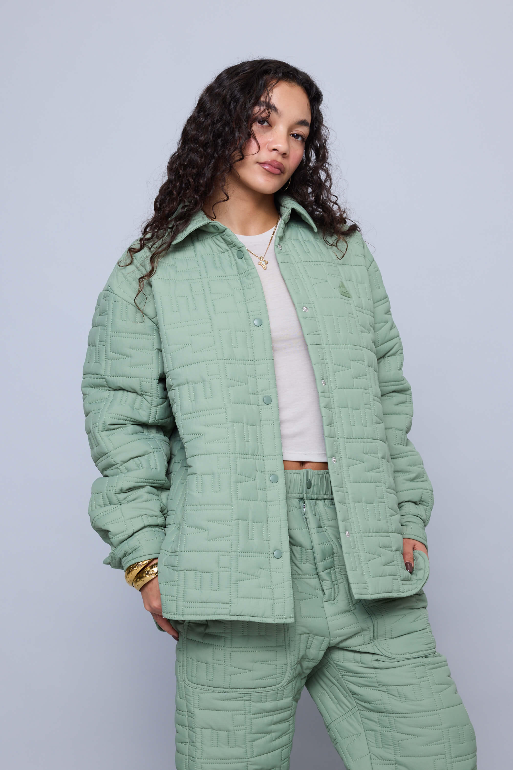 Monogram Quilted Puff Shacket - Sage - Image 10