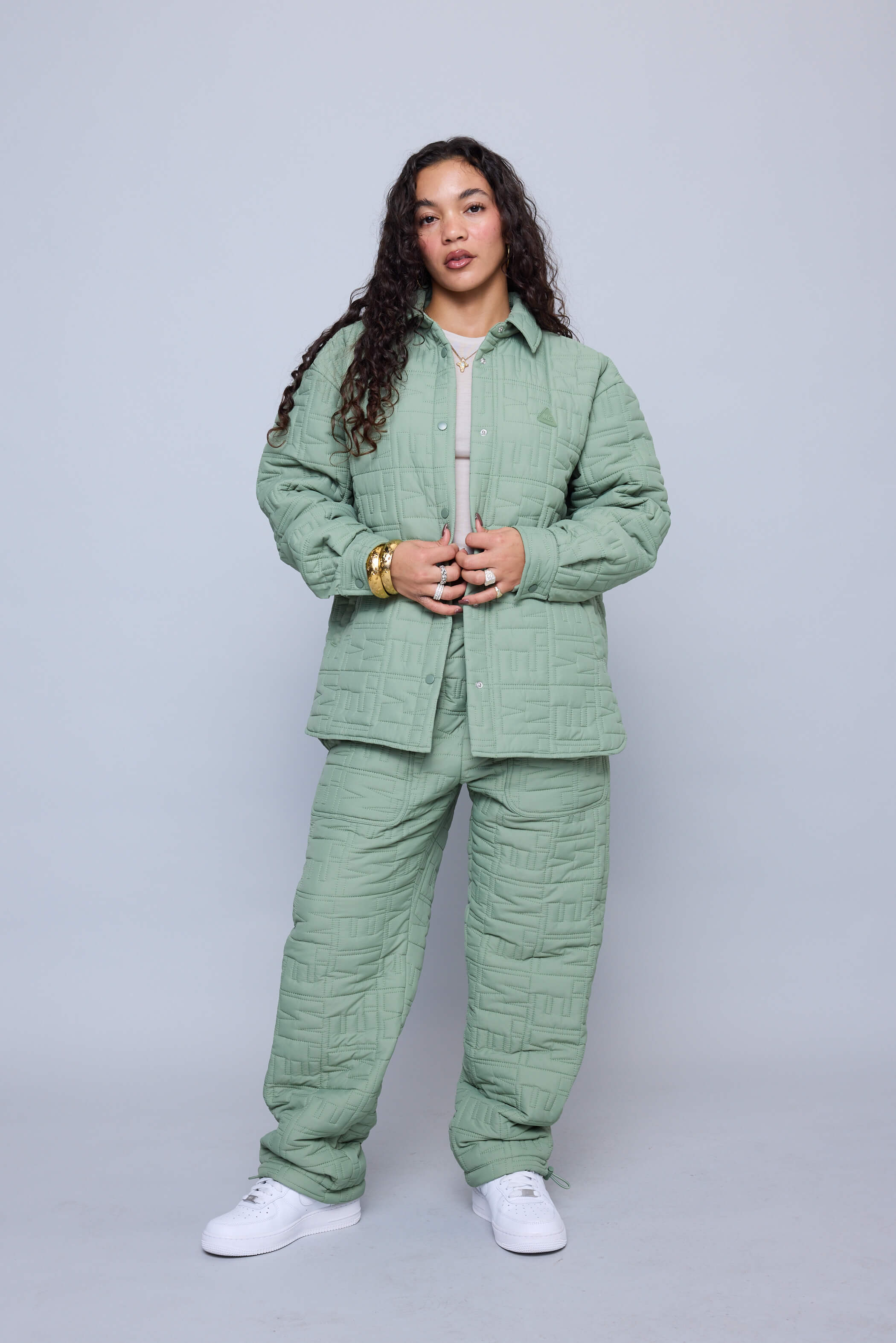 Monogram Quilted Puff Shacket - Sage - Image 11