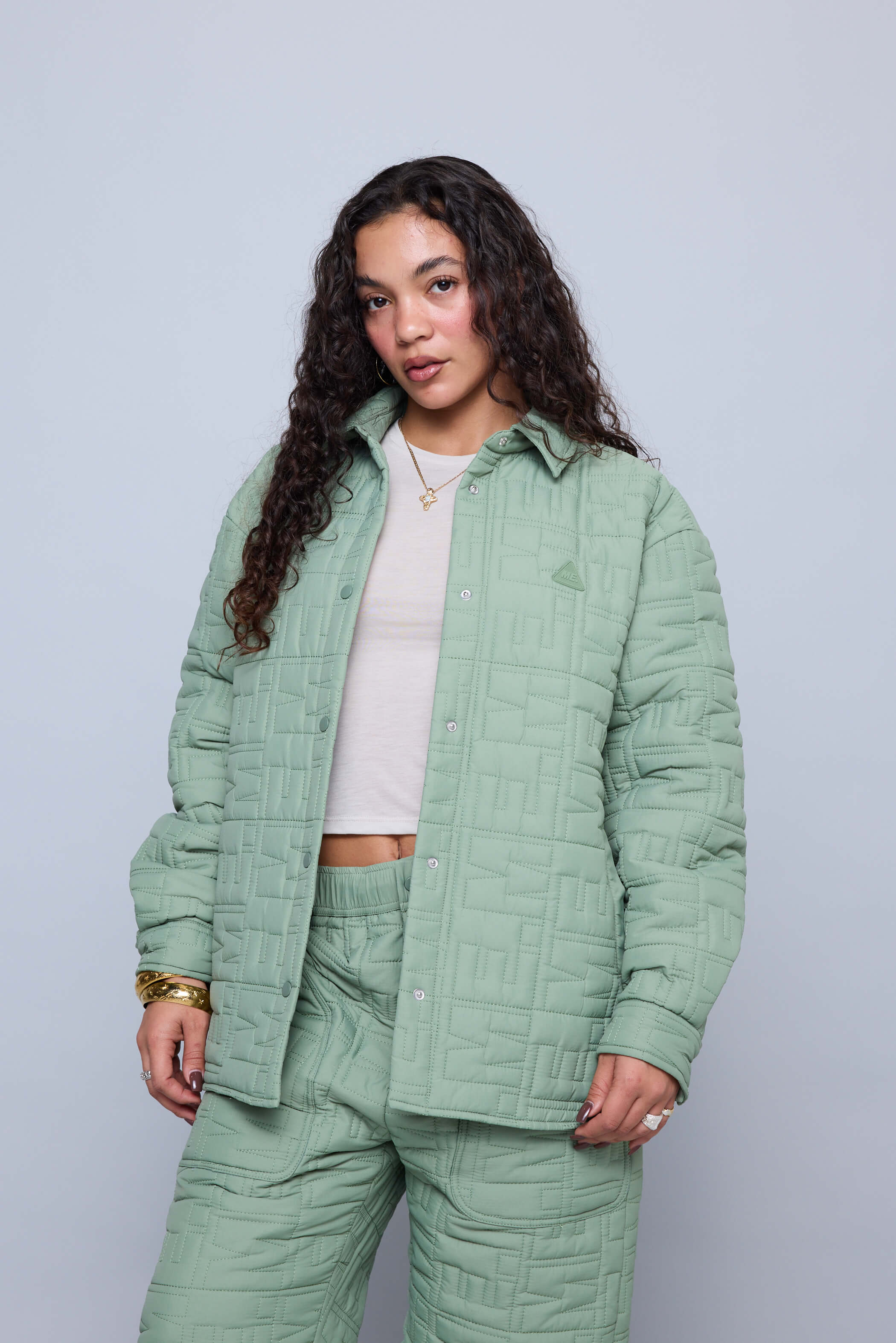 Monogram Quilted Puff Shacket - Sage - Image 12